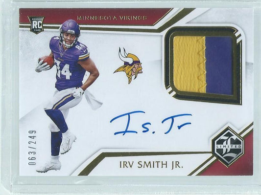 IRV SMITH JR. 2019 PANINI LIMITED 2 COLOR PATCH ON CARD AUTO RC #D /249