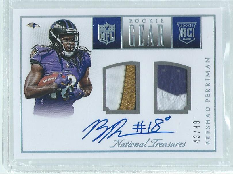 BRESHAD PERRIMAN 2015 NATIONAL TREASURES DUAL PATCH ON CARD AUTO GOLD RC #D /49