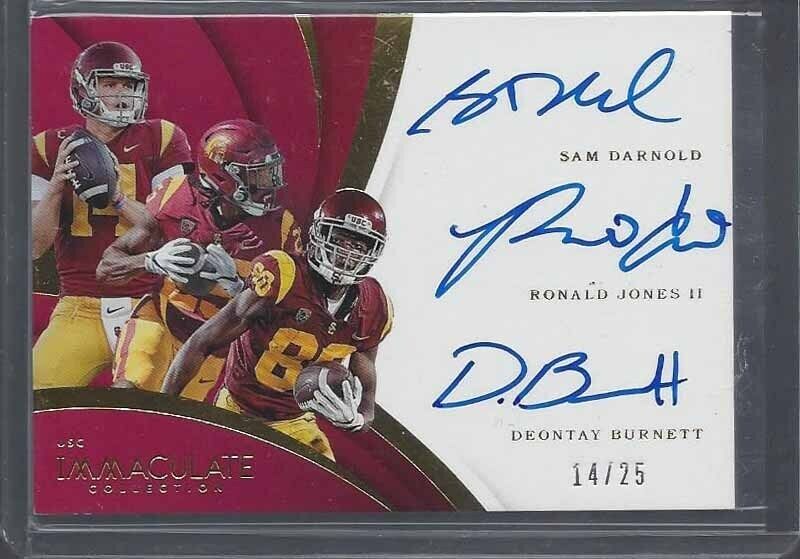1/1 SAM DARNOLD RONALD JONES 2018 IMMACULATE USC TRIPLE AUTO RC #D 14/25 JSY #14