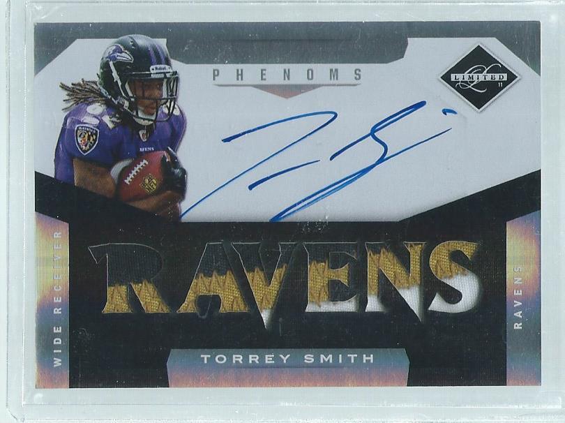 TORREY SMITH 2011 PANINI LIMITED PHENOMS 3-COLOR PATCH ON CARD AUTO RC #D /299