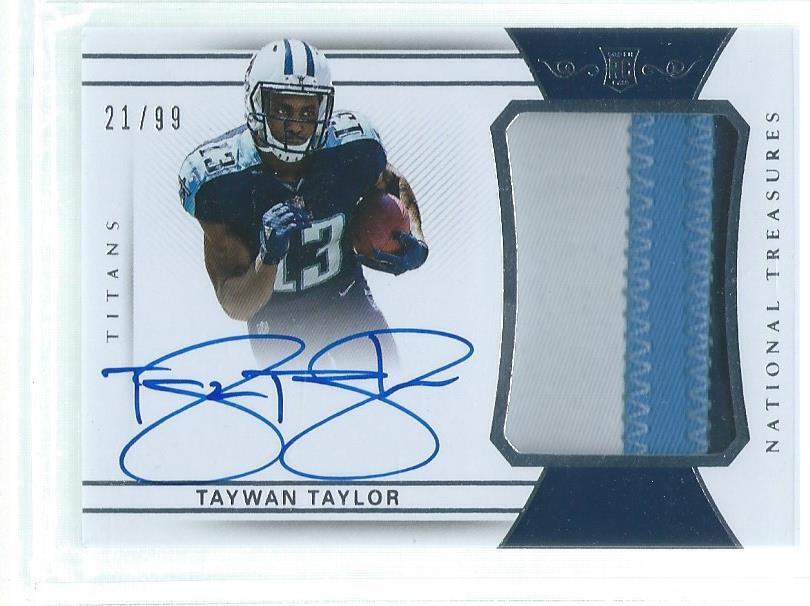 TAYWAN TAYLOR 2017 NATIONAL TREASURES 3 COLOR PATCH ON CARD AUTO RC #D 21/99