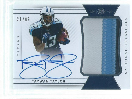 TAYWAN TAYLOR 2017 NATIONAL TREASURES 3 COLOR PATCH ON CARD AUTO RC #D 21/99
