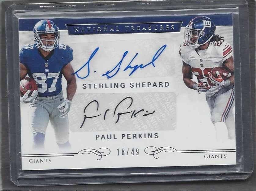 STERLING SHEPARD PAUL PERKINS 2016 NATIONAL TREASURES GIANTS DUAL AUTO RC #D /49