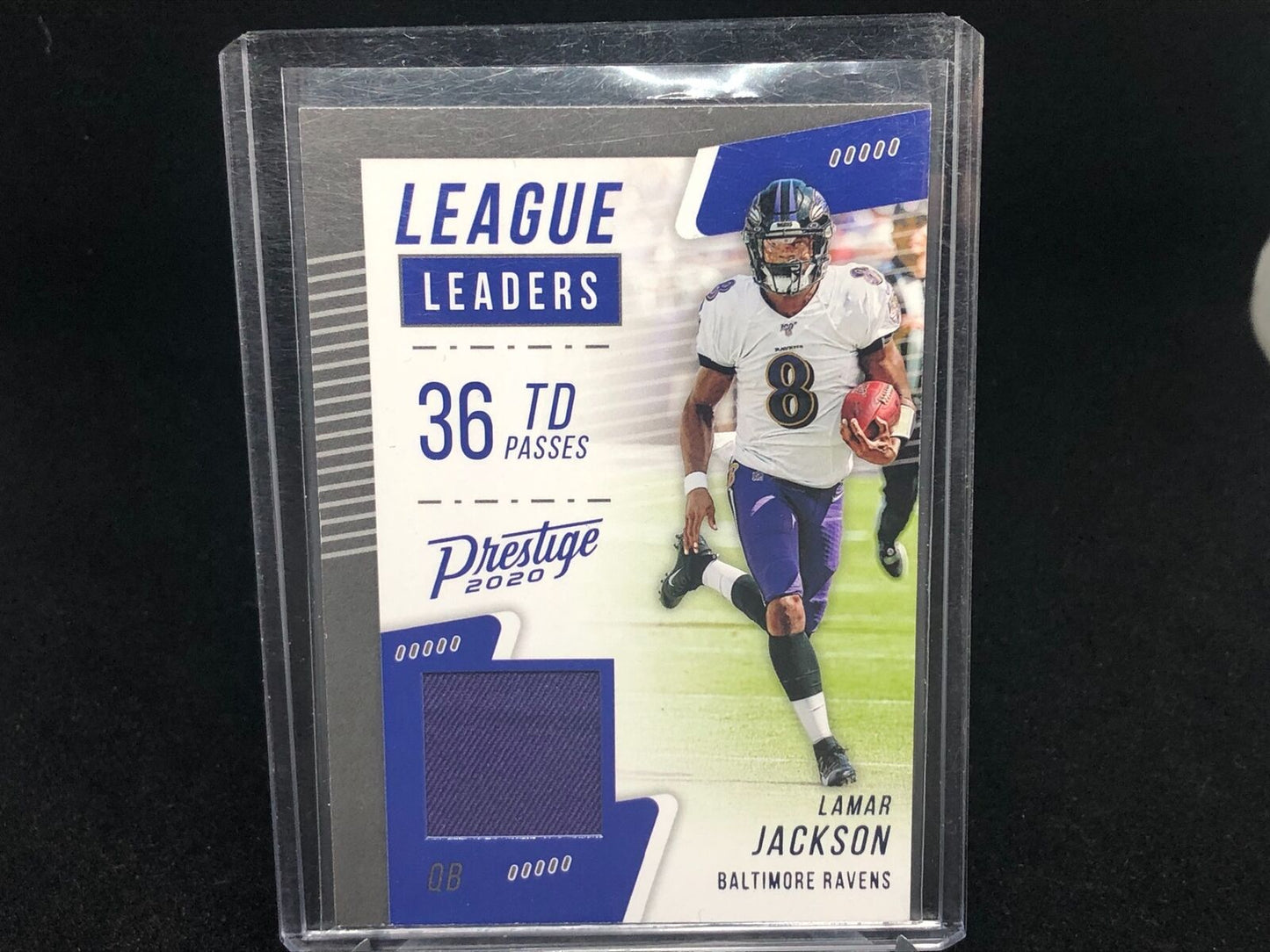 LAMAR JACKSON 2020 PRESTIGE PURPLE LEAGUE LEADERS JERSEY RELIC