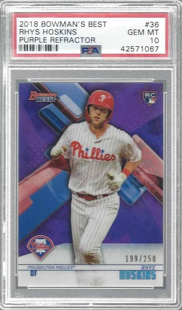 RHYS HOSKINS 2018 BOWMANS BEST PURPLE REFRACTOR RC #D /250 PSA 10 GEM MINT POP 3