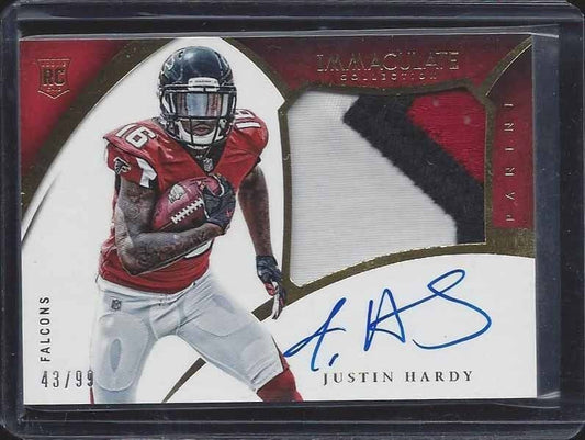JUSTIN HARDY 2015 IMMACULATE JUMBO 3 COLOR PATCH ON CARD ROOKIE AUTO RC #D 43/99