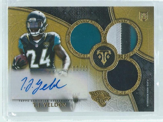 T.J. YELDON 2015 TOPPS TRIPLE THREAD TRIPLE PATCH AUTO GOLD RC #D 2/25