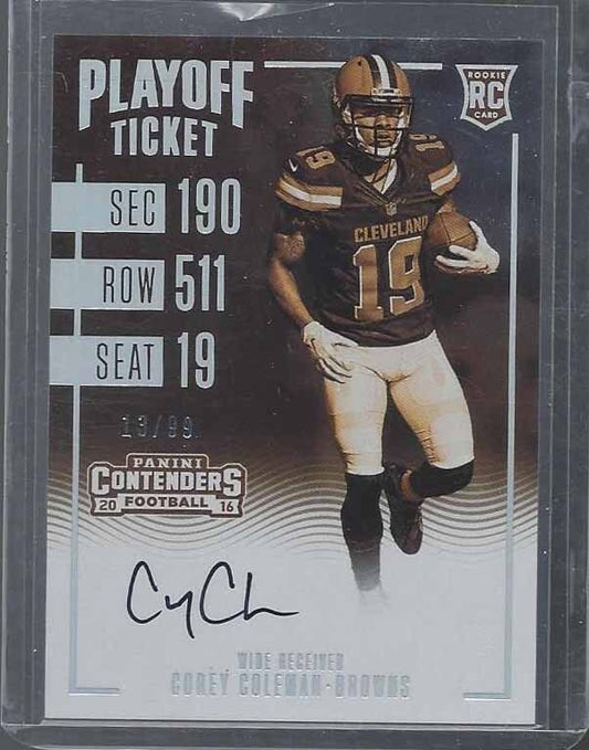 COREY COLEMAN 2016 CONTENDERS SEPIA PLAYOFF TICKET VARIATION ON CARD AUTO RC /99
