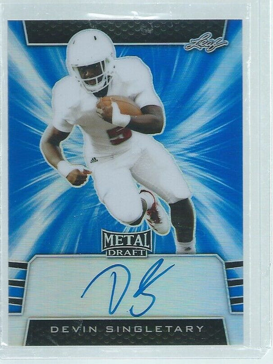DEVIN SINGLETARY 2019 LEAF METAL DRAFT ON CARD AUTO BLUE PRISMATIC RC #D 29/35