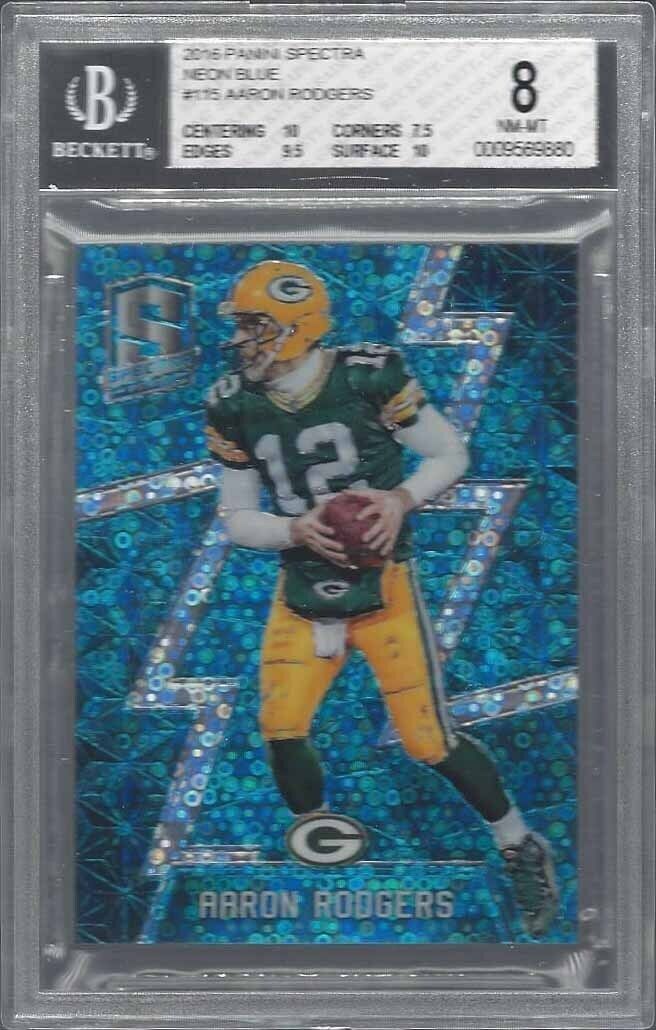 1/1 AARON RODGERS 2016 SPECTRA NEON BLUE PRIZM #D 12/60 BGS 8 HIS JERSEY #12 !!