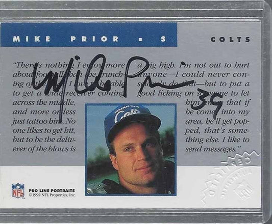 MIKE PRIOR 1992 PRO LINE PORTRAITS COLTS ON CARD RARE AUTO w/ CRIMP