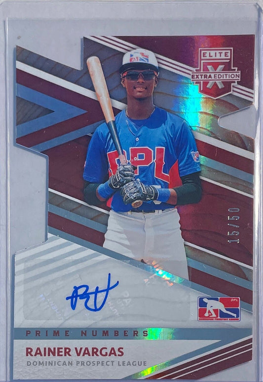 RAINER VARGAS 2020 PANINI ELITE EXTRA PROSPECT PRIME NUMBERS DIE-CUT AUTO #D /50