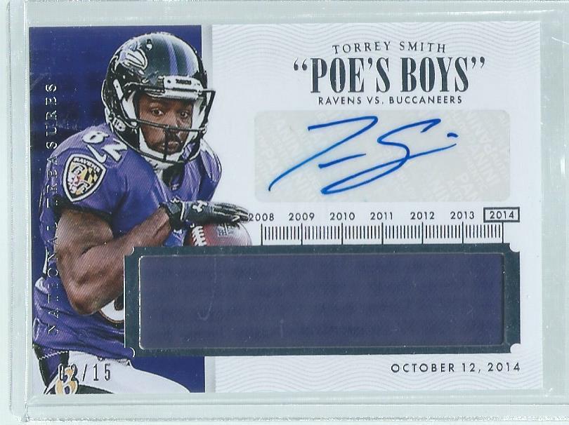 TORREY SMITH 2014 NATIONAL TREASURES POE'S BOYS TIMELINE JERSEY AUTO #D 2/15