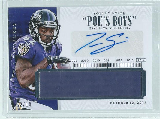 TORREY SMITH 2014 NATIONAL TREASURES POE'S BOYS TIMELINE JERSEY AUTO #D 2/15