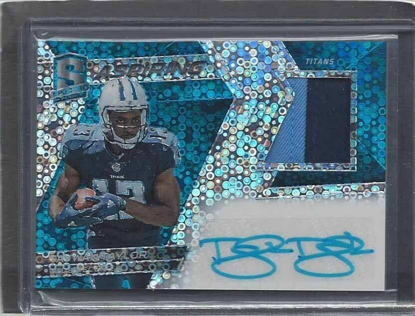 TAYWAN TAYLOR 2017 SPECTRA ASPIRING NEON BLUE PRIZM RPA PATCH AUTO RC #D /50