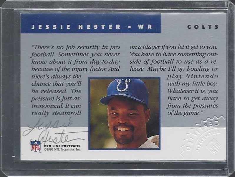 JESSIE HESTER 1992 PRO LINE PORTRAITS COLTS ON CARD RARE AUTO w/ CRIMP