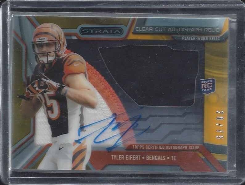 TYLER EIFERT 2013 TOPPS STRATA CLEAR CUT YELLOW JUMBO 3 CLR PATCH AUTO RC #D /75