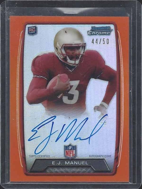 E.J. MANUEL 2013 BOWMAN CHROME ORANGE REFRACTOR ON CARD ROOKIE AUTO RC #D 44/50