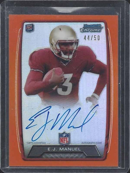 E.J. MANUEL 2013 BOWMAN CHROME ORANGE REFRACTOR ON CARD ROOKIE AUTO RC #D 44/50
