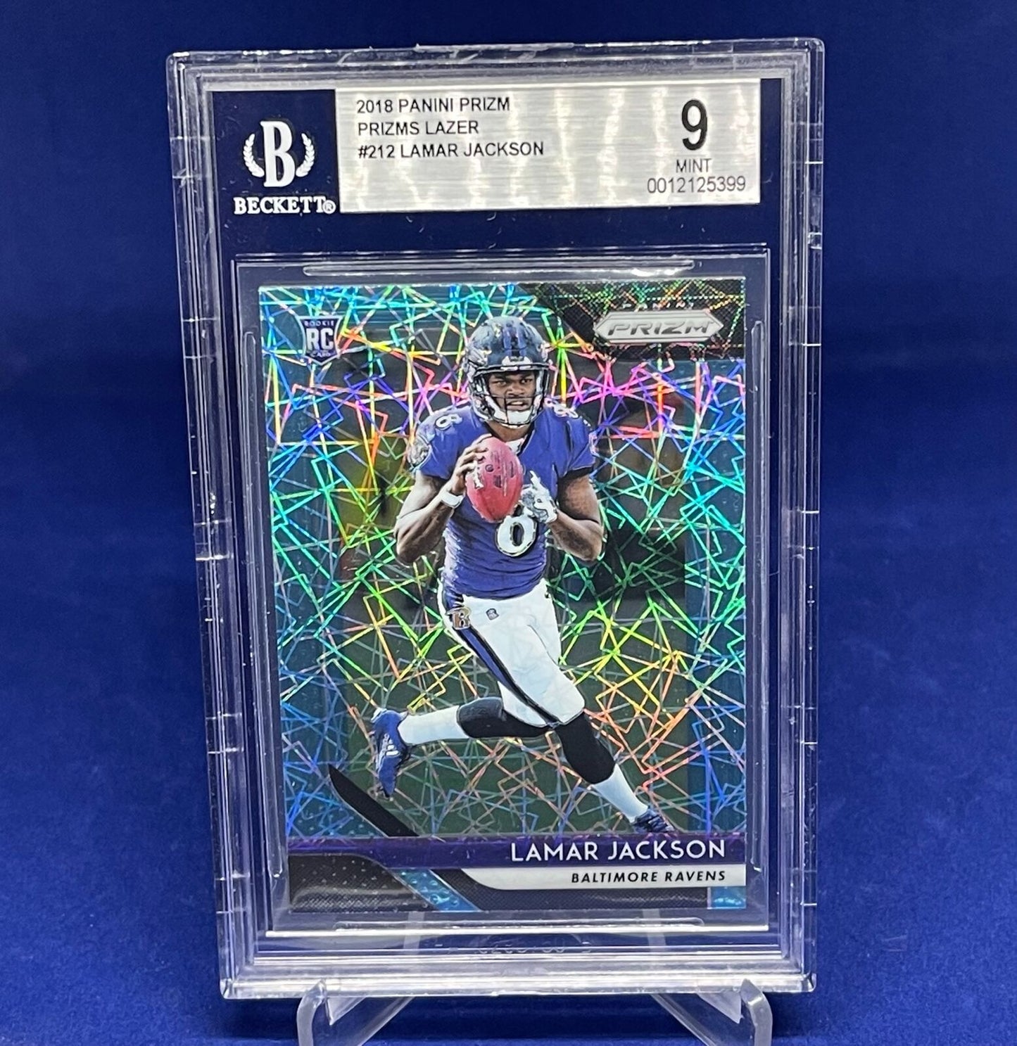 LAMAR JACKSON 2018 PANINI PRIZM BLUE LAZER SSP PRIZM RC ROOKIE #212 BGS 9 MINT
