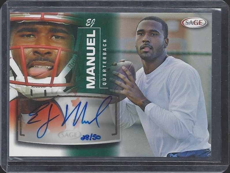 E.J. MANUEL 2013 SAGE GREEN ON CARD RAIDERS ROOKIE AUTO RC #D 28/50