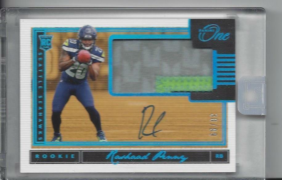 RASHAAD PENNY 2018 PANINI ONE BLUE RPA 3 COLOR PATCH ON CARD AUTO RC #D 38/99