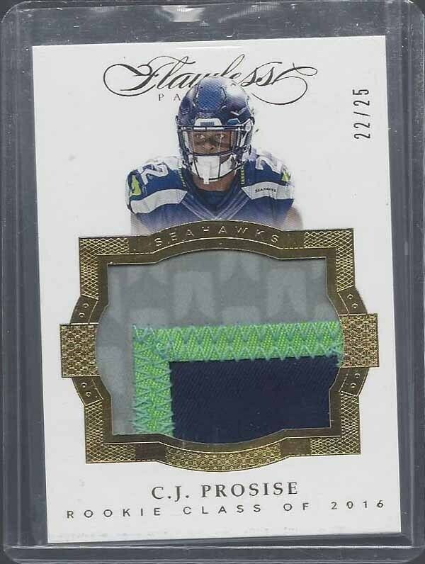 1/1 C.J. PROSISE 2016 FLAWLESS GOLD JUMBO PATCH RC #D 22/25 JERSEY NUMBER #22!!!