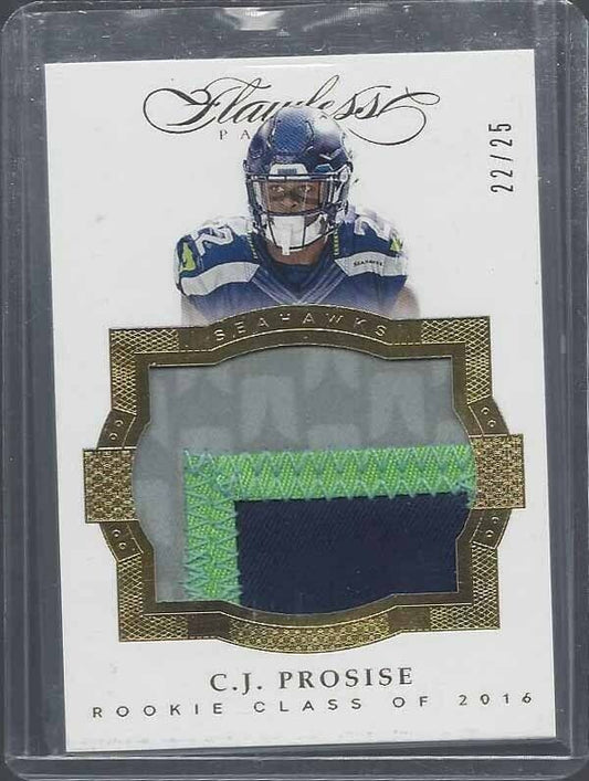 1/1 C.J. PROSISE 2016 FLAWLESS GOLD JUMBO PATCH RC #D 22/25 JERSEY NUMBER #22!!!