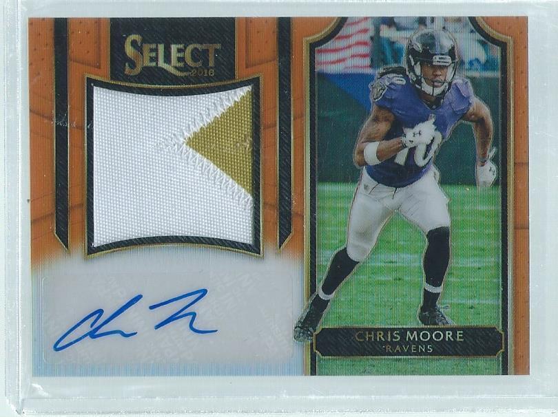 CHRIS MOORE 2016 PANINI SELECT 2 COLOR PATCH AUTO ORANGE PRIZM RC #D 14/49