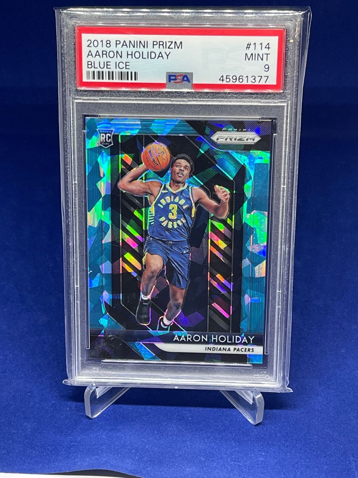 AARON HOLIDAY 2018-19 PANINI PRIZM BLUE ICE PRIZMS ROOKIE RC #D 59/99 PSA 9 MINT