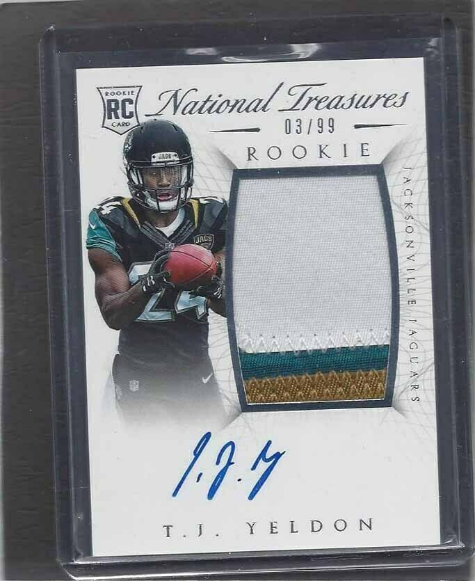 T.J. YELDON 2015 NATIONAL TREASURES RPA 3 COLOR ROOKIE PATCH AUTO RC #D 3/99