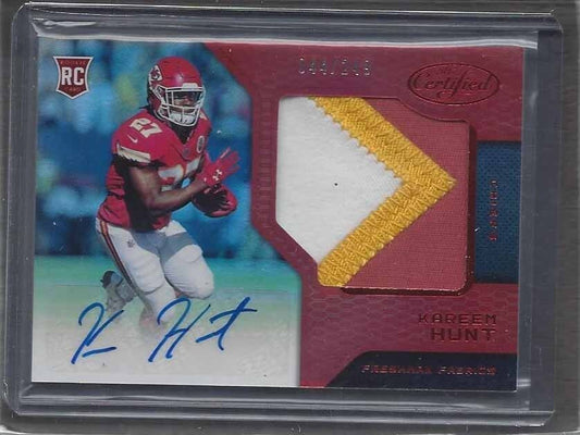 KAREEM HUNT 2017 CERTIFIED FRESHMAN FABRIC RED JUMBO 3 COLOR PATCH AUTO RC /249