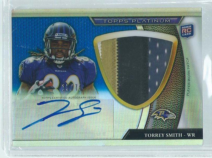 TORREY SMITH 2011 TOPPS PLATINUM 4-COLOR PATCH AUTO BLUE REFRACTOR RC #D 15/75