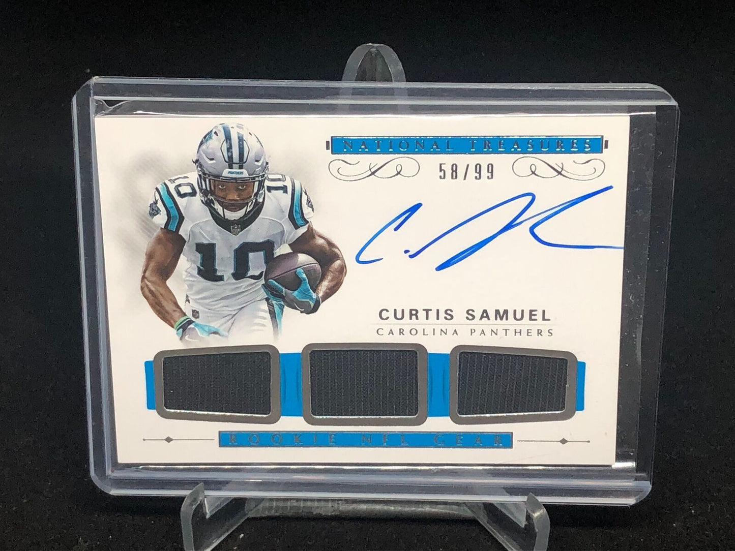 CURTIS SAMUEL 2017 NATIONAL TREASURES NFL GEAR TRIPLE JERSEY ON CARD AUTO RC /99
