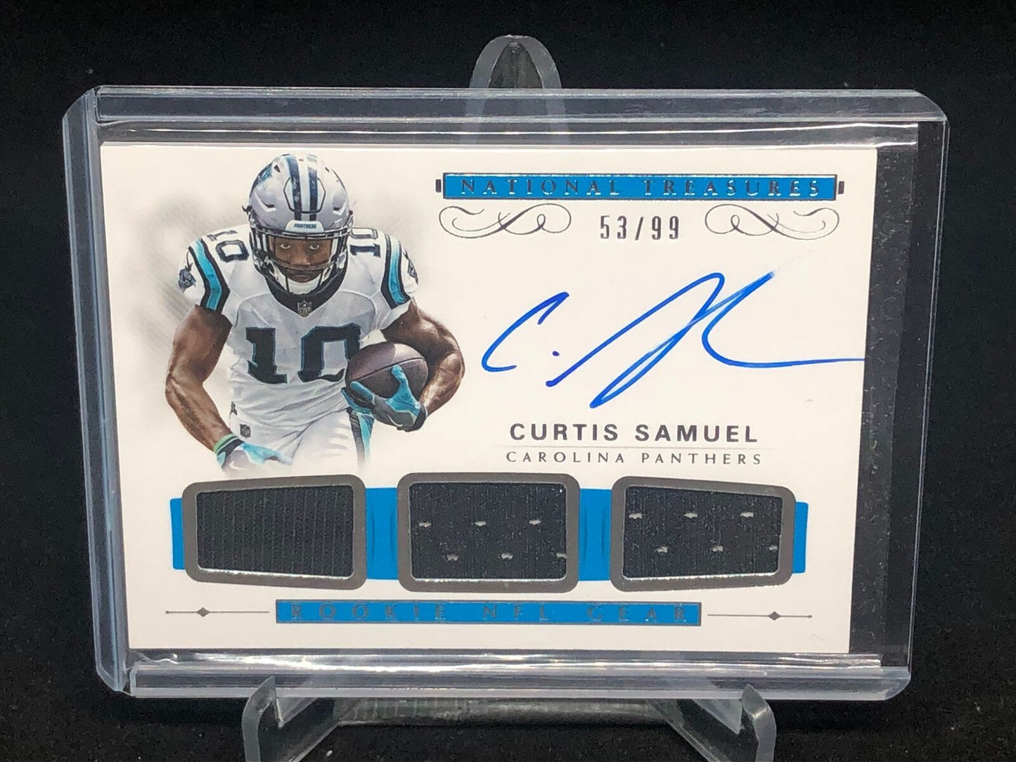 CURTIS SAMUEL 2017 NATIONAL TREASURES NFL GEAR TRIPLE JERSEY ON CARD AUTO RC /99