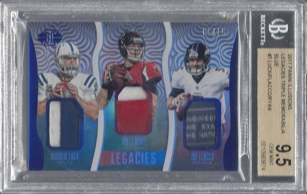 ANDREW LUCK M RYAN FLACCO 2017 ILLUSIONS LEGACIES TAG PATCH /15 BGS 9.5 POP 1/1