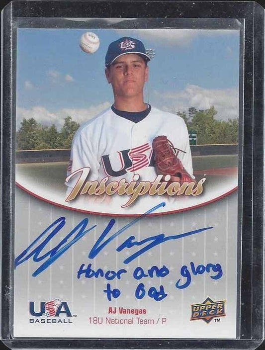 A.J. VANEGAS 2009 USA 18U INSCRIPTIONS ON CARD "HONOR AND GLORY TO GOD" AUTO