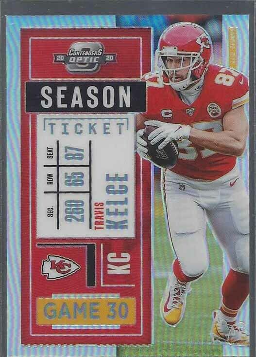 TRAVIS KELCE 2020 PANINI CONTENDERS OPTIC SILVER HOLO SEASON TICKET PRIZM #29