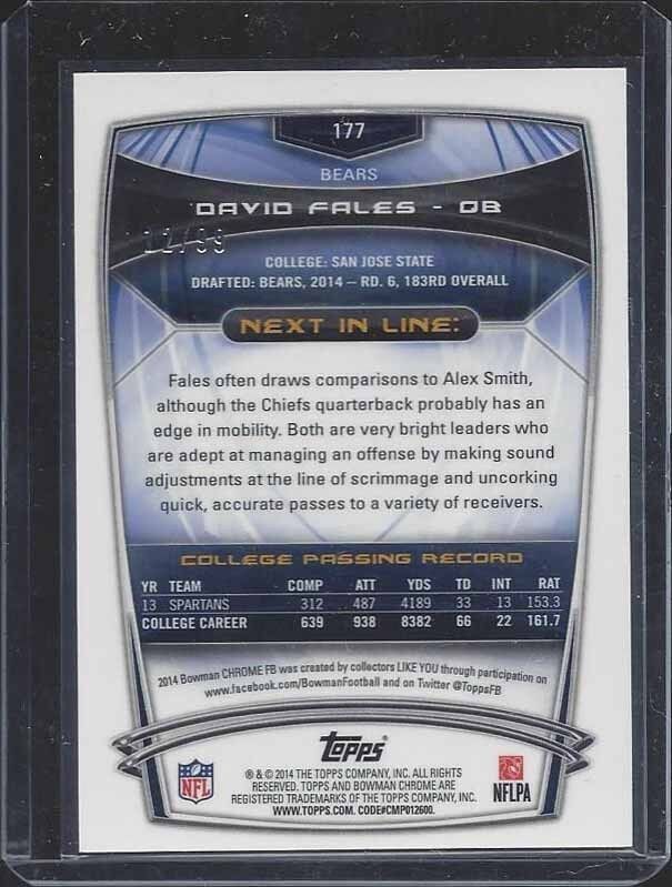 1/1 DAVID FALES 2014 BOWMAN CHROME BUBBLES REFRACTOR RC #D 12/99 JERSEY #12 !