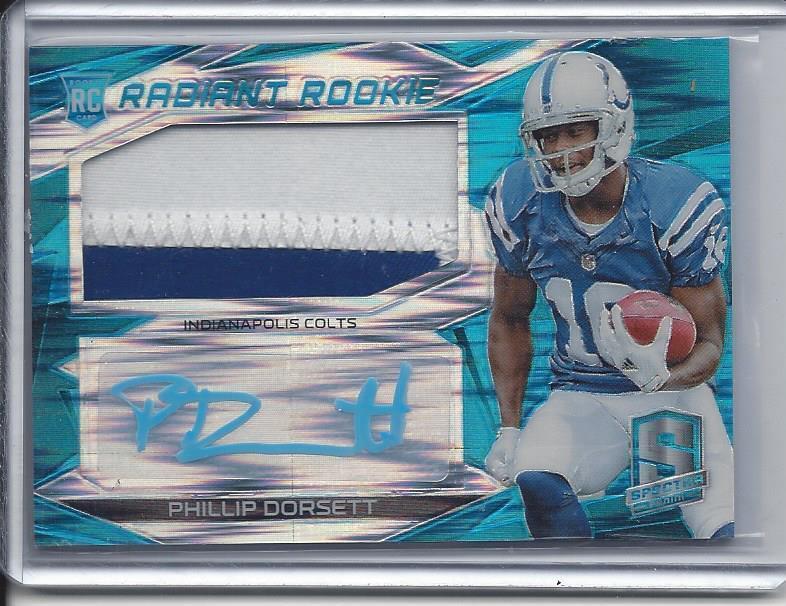 PHILLIP DORSETT 2015 SPECTRA RADIANT ROOKIE NEON BLUE PRIZM PATCH AUTO RC #D /25