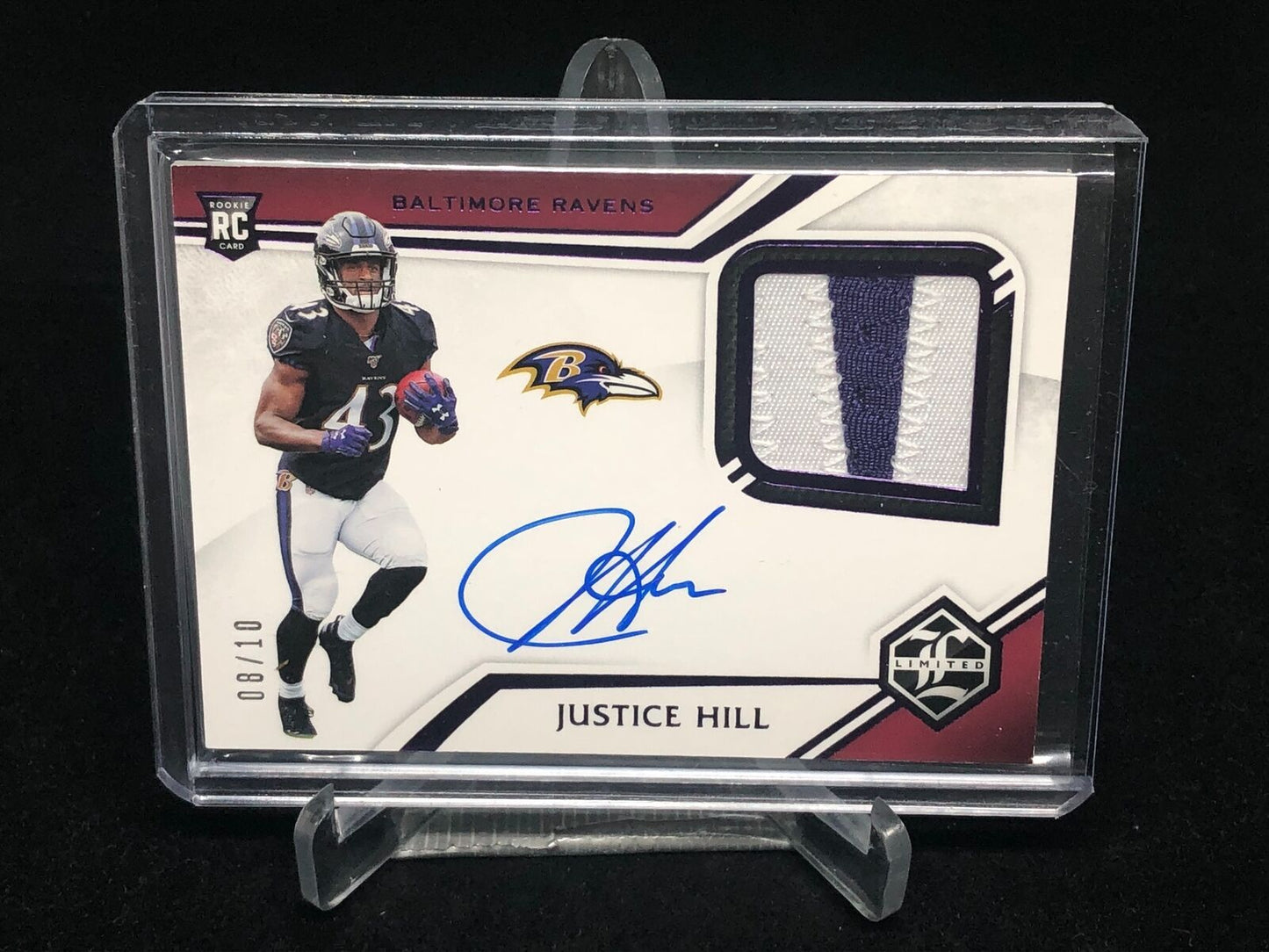 JUSTICE HILL 2019 PANINI LIMITED PURPLE 2 CLR PATCH ON CARD AUTO RC #D 8/10