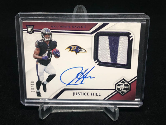 JUSTICE HILL 2019 PANINI LIMITED PURPLE 2 CLR PATCH ON CARD AUTO RC #D 8/10