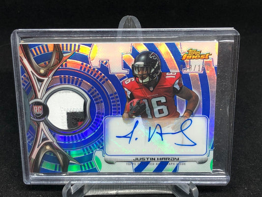 JUSTIN HARDY 2015 TOPPS FINEST BLUE REFRACTOR 3 CLR PATCH AUTO RC #D 58/150