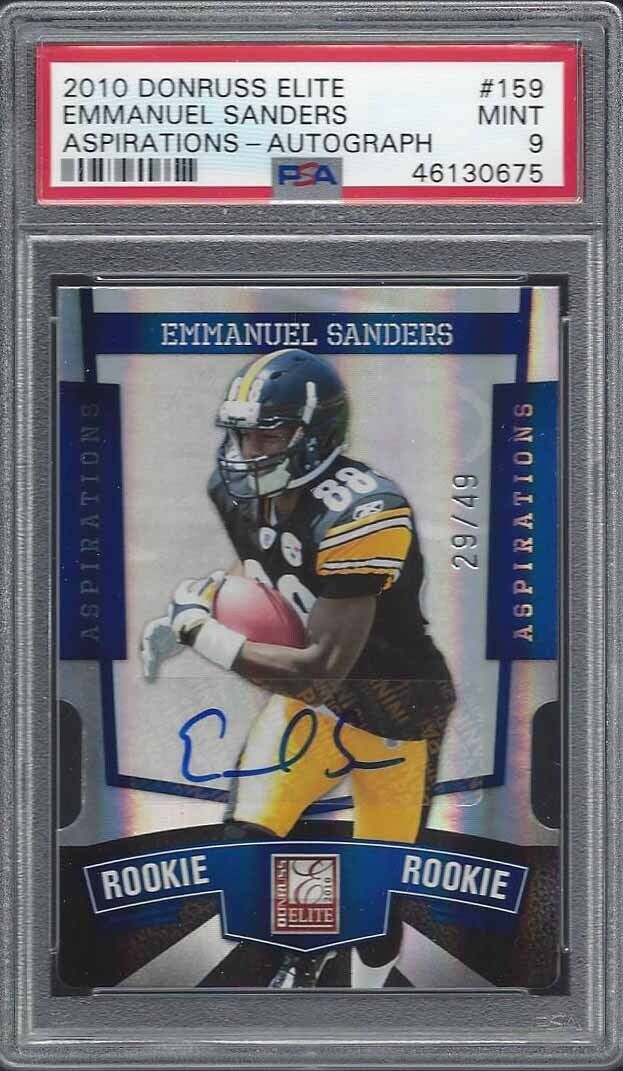 EMMANUEL SANDERS 2010 DONRUSS ELITE ASPIRATIONS DIE CUT AUTO RC /49 PSA 9 MINT