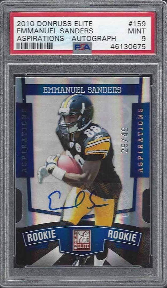 EMMANUEL SANDERS 2010 DONRUSS ELITE ASPIRATIONS DIE CUT AUTO RC /49 PSA 9 MINT