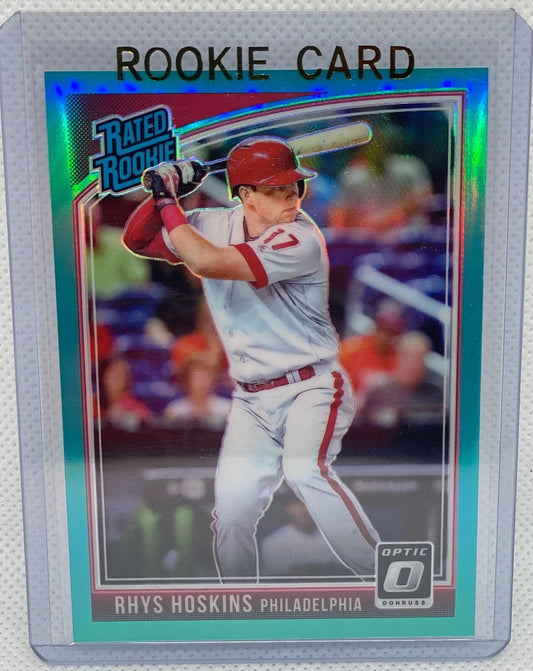 RHYS HOSKINS 2018 PANINI OPTIC DONRUSS RATED ROOKIE AQUA PRIZM RC #D 267/299