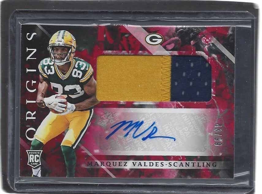 MARQUEZ VALDES-SCANTLING 2018 PANINI ORIGINS RED 2 COLOR PATCH AUTO RC #D 43/99