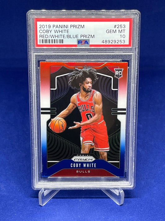 COBY WHITE 2019-20 PANINI PRIZM RED WHITE BLUE PRIZM ROOKIE RC #253 PSA 10