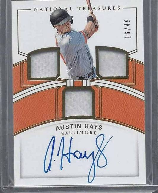AUSTIN HAYS 2018 NATIONAL TREASURES GOLD TRIPLE JERSEY ON CARD AUTO #D 16/49