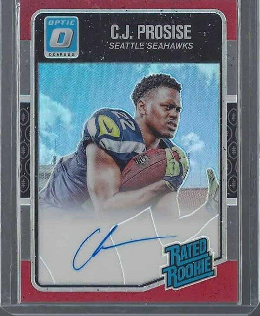 C.J. PROSISE 2016 DONRUSS OPTIC ON CARD ROOKIE RED HOLO AUTO RC #D /50